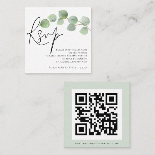 Eukalyptus Script QR Code Wedding RSVP Begleitkarte (Vorne/Hinten)