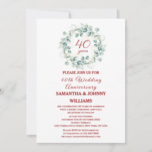 Eukalyptus Script Ruby 40. Hochzeitstag Einladung (Vorderseite)
