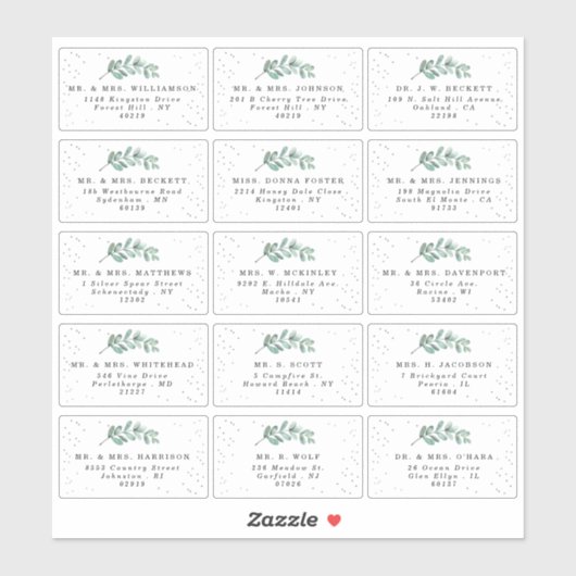 Eukalyptus Silver Foil Wedding Guest Address Label (Blatt)