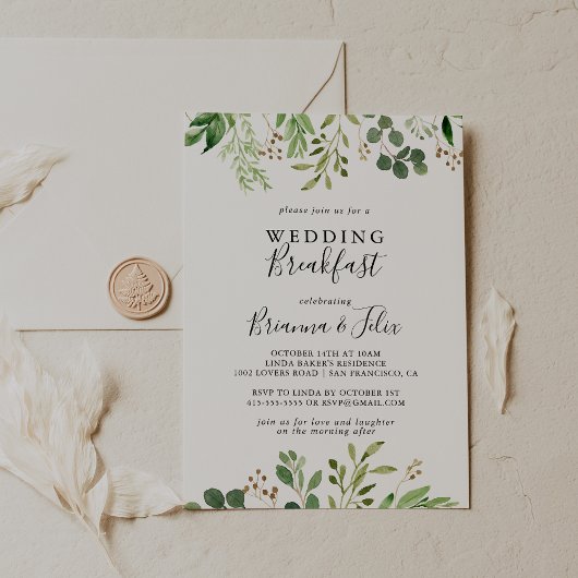 Eukalyptus Simple Brown Floral Wedding Breakfast Einladung