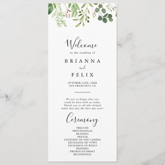 Eukalyptus Simple Brown Floral Wedding Program Programm (Vorderseite)