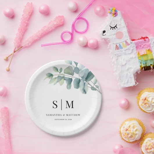 Eukalyptus Simple Elegant Couple Initials Wedding Pappteller (Party)