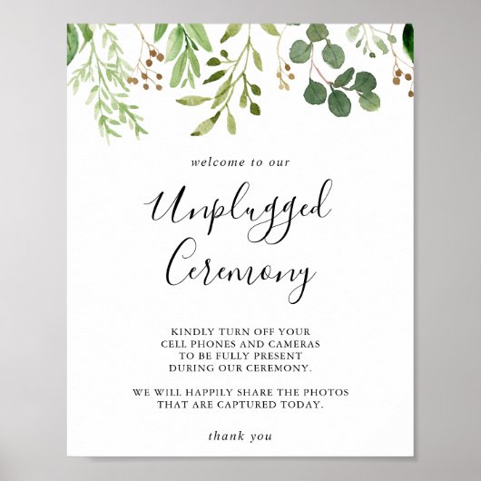 Eukalyptus Simple Floral Unplugged Zeremony Sign Poster (Vorne)