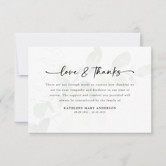 Eukalyptus Simple Script Funeral Dankeskarte (Vorderseite)