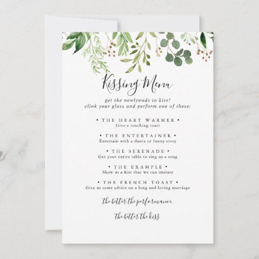 Eukalyptus Simple Wedding Kissing Menu Game Card (Vorderseite)