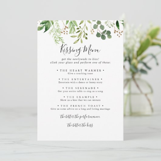 Eukalyptus Simple Wedding Kissing Menu Game Card (Stehend Vorderseite)