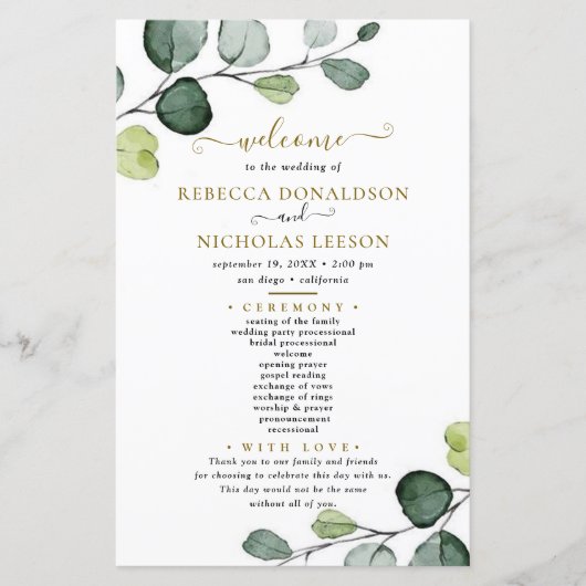 Eukalyptus Simple Wedding Program (Vorderseite)
