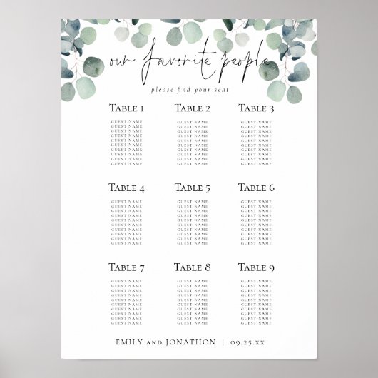 Eukalyptus-Sitzplan Hochzeit Liebhaber Poster (Vorne)