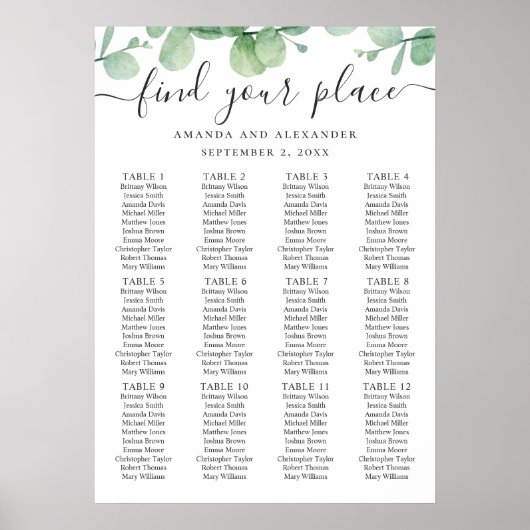 Eukalyptus-Skript für Hochzeitssitze Poster (Vorne)