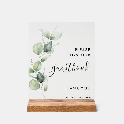 Eukalyptus-Skript Hochzeitsbuch Acrylschild (Vorderseite)