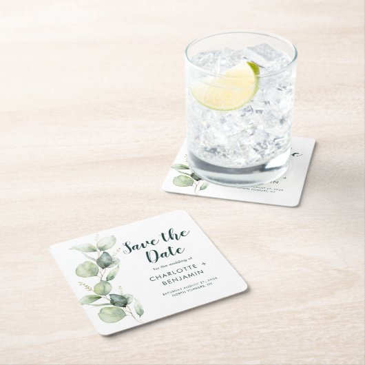 Eukalyptus-SkriptWedding mit Aquarellfarbe Datum s Rechteckiger Pappuntersetzer (Vor Ort)