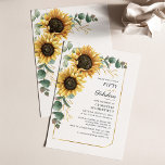 Eukalyptus-Sonnenblume 50. Geburtstag Einladung<br><div class="desc">Sonnenblume Eukalyptus Floral Script Geometric 50. Geburtstag Einladung mit einer modernen boho schicken Blume und Grün mit geometrischen Rahmen.</div>