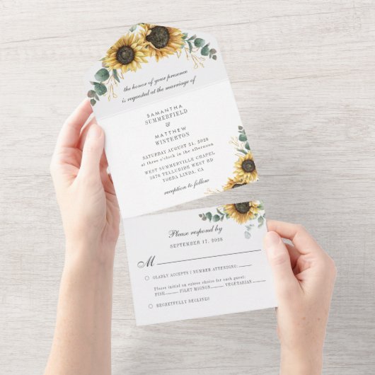 Eukalyptus-Sonnenblume Grüne Botanische Hochzeit All In One Einladung (Abreißen)