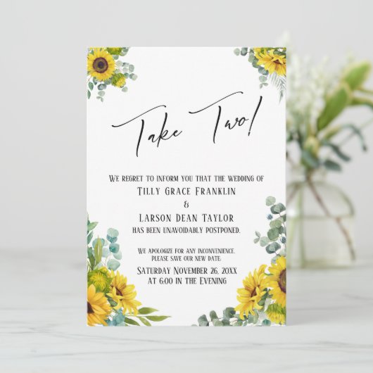 Eukalyptus Sonnenblume - Hochzeit vertagt zwei Einladung (Stehend Vorderseite)