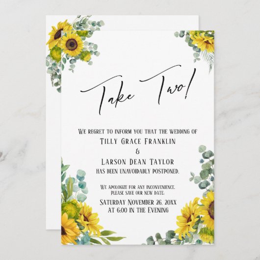 Eukalyptus Sonnenblume - Hochzeit vertagt zwei Einladung (Vorne/Hinten)