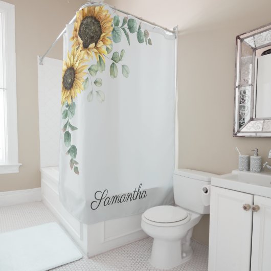 Eukalyptus-Sonnenblumen-Blätter Script Monogram Duschvorhang (Beispiel)