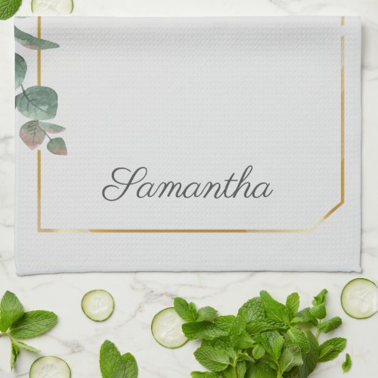 Eukalyptus-Sonnenblumen-Blätter Script Monogram Geschirrtuch (Gefaltet)