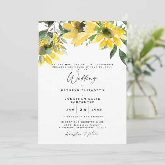 Eukalyptus-Sonnenblumen Einladung (Stehend Vorderseite)