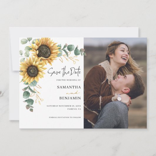 Eukalyptus-Sonnenblumen-Foto Hochzeit Save The Date (Vorderseite)