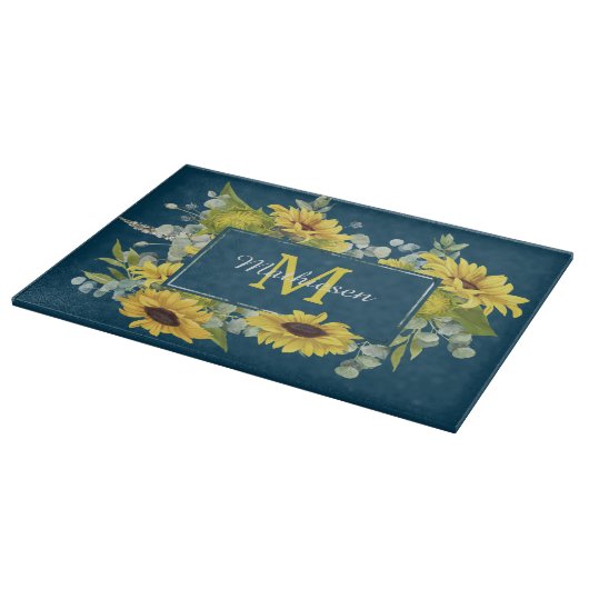 Eukalyptus-Sonnenblumen-Rahmen für Monogram Schneidebrett (Ecke)
