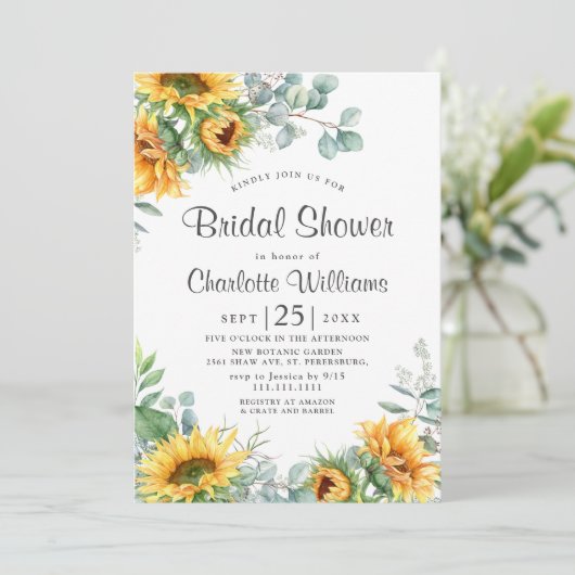 Eukalyptus-Sonnenblumen Wasserfarbenes Brautparty Einladung (Stehend Vorderseite)