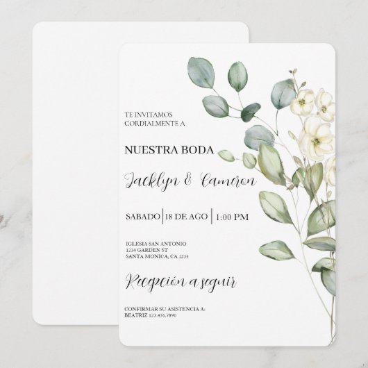 Eukalyptus Spanish Wedding Einladung (Vorne/Hinten)