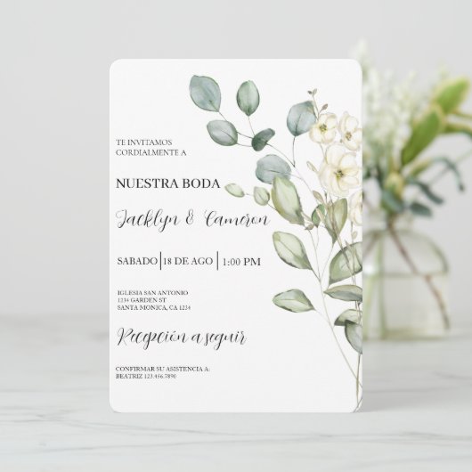 Eukalyptus Spanish Wedding Einladung (Stehend Vorderseite)