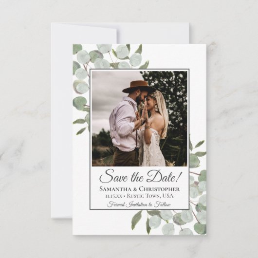 Eukalyptus Square Foto Wedding Save The Date (Vorderseite)