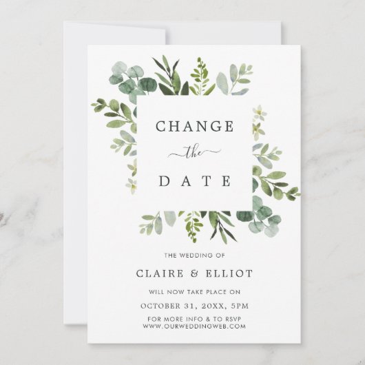 Eukalyptus Square Wreath Ändern Sie das Datum Hoch Einladung (Vorderseite)