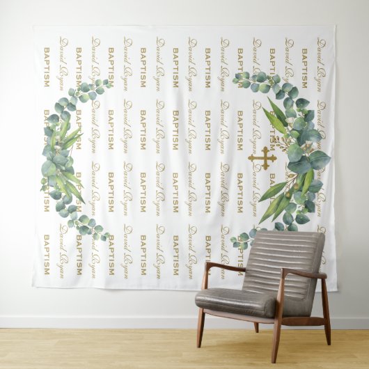 Eukalyptus Step & Repeat Gold Taufen Prop Wandteppich (Beispiel (Horizontal))