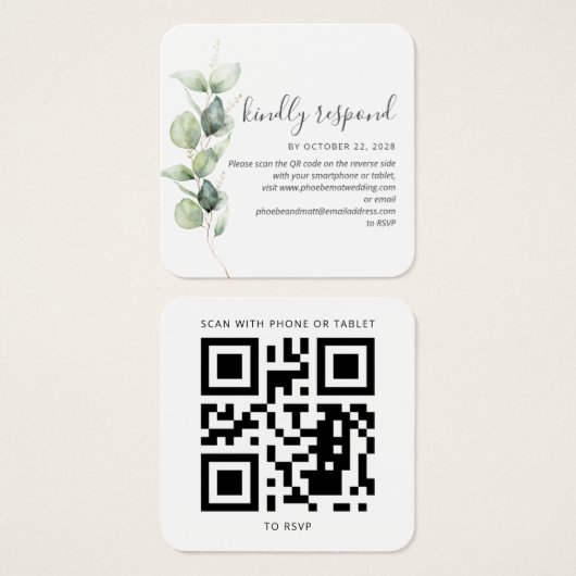 Eukalyptus succulent QR Code Wedding RSVP Card (Vorne & Hinten)