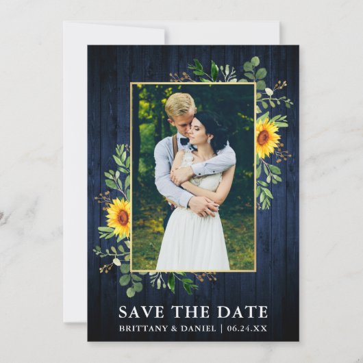 Eukalyptus Sunflower Blue Wood Save the Date Karte (Vorderseite)