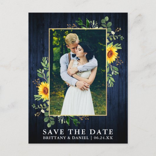 Eukalyptus Sunflower Blue Wood Save the Date Postkarte (Vorderseite)