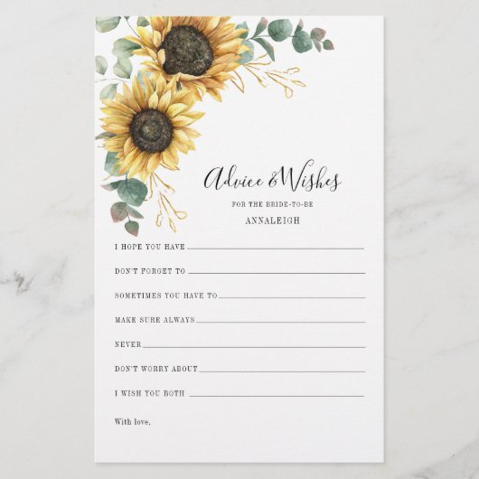 Eukalyptus Sunflower Brautparty Admin Card Briefpapier (Vorderseite)