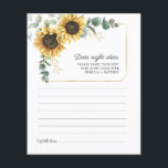 Eukalyptus Sunflower Date Night Flyer<br><div class="desc">Budget Sonnenblume Eukalyptus Floral Hochzeit Datum Ideen Karten Abend. Erstellen Sie eine moderne Dattel-Ideenkarte mit Sonnenblumen-Brautparty mit dieser niedlichen Vorlage mit einem wunderschönen rustikalen Blumenstrauß mit moderner Typografie. TIPP: Passende Hochzeitssuite-Karten wie UAWG, Hochzeitsfeiern, Banner, Tapisserien, Geschenketiketten, Schilder und andere Hochzeitsgeschenke und Goodies sind in der folgenden Kollektion mit diesem Design...</div>