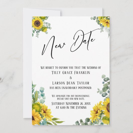 Eukalyptus Sunflower Delayed Wedding New Date Card Einladung (Vorderseite)