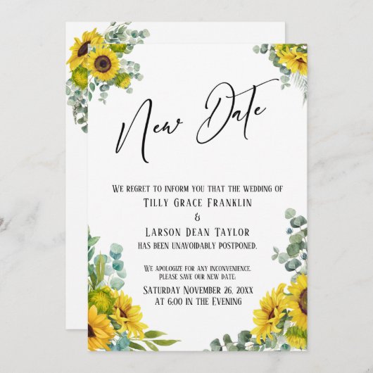 Eukalyptus Sunflower Delayed Wedding New Date Card Einladung (Vorne/Hinten)