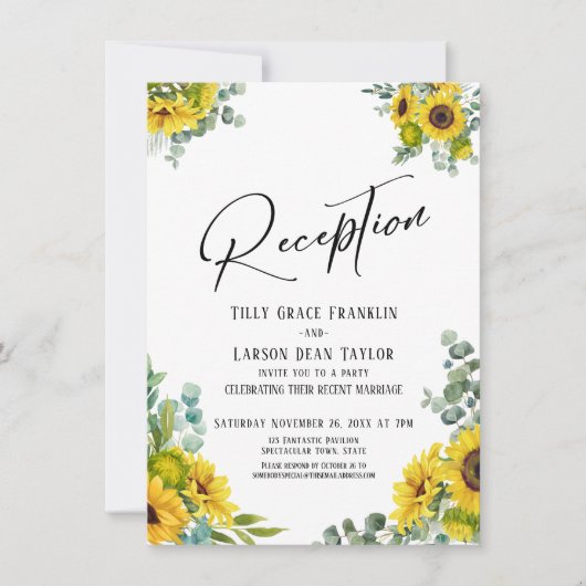 Eukalyptus Sunflower Handwriting Empfang Einladung (Vorderseite)