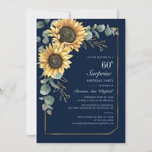 Eukalyptus Sunflower Script 60. Geburtstag Einladung (Vorderseite)