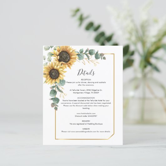 Eukalyptus Sunflower Wedding Details Card (Stehend Vorderseite)