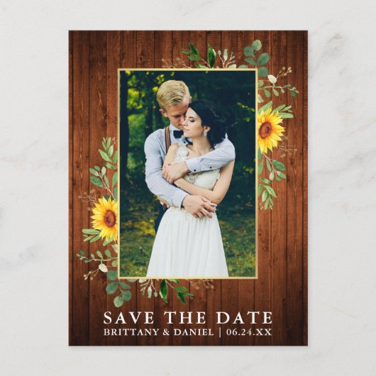 Eukalyptus Sunflower Wood Save the Date Postkarte (Vorderseite)