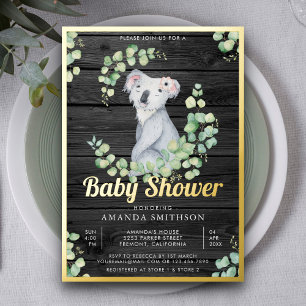 Eukalyptus Süßer Koala Bär Holz Baby Shower Gold Folieneinladung