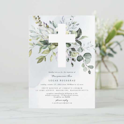 Eukalyptus Taufe Christening Boy Einladung (Stehend Vorderseite)