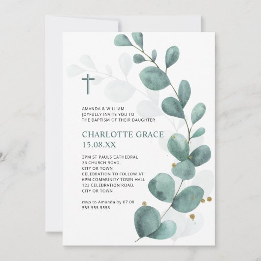 Eukalyptus-Taufe im grünen & goldenen Wasser Einladung (Vorderseite)