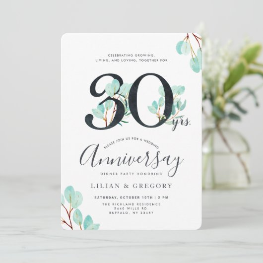 Eukalyptus-Thema zum 30-jährigen Jubiläum wachsen Einladung (Stehend Vorderseite)