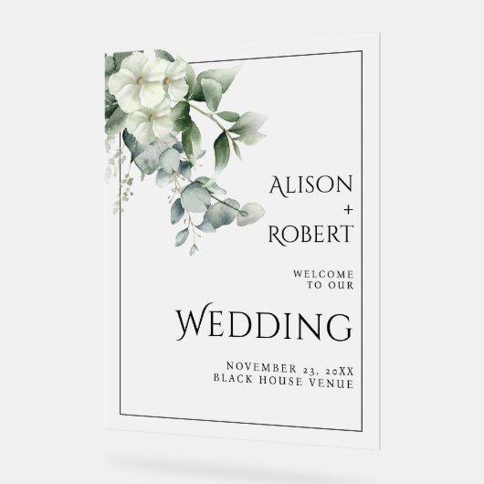 Eukalyptus und Blume lichtdurchlässige HochzeitsWE Acrylschild (Winkel)