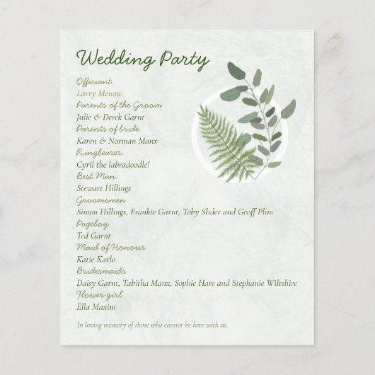 Eukalyptus- und Fern-Rings-Hochzeitsprogramm Flyer (Hinten)