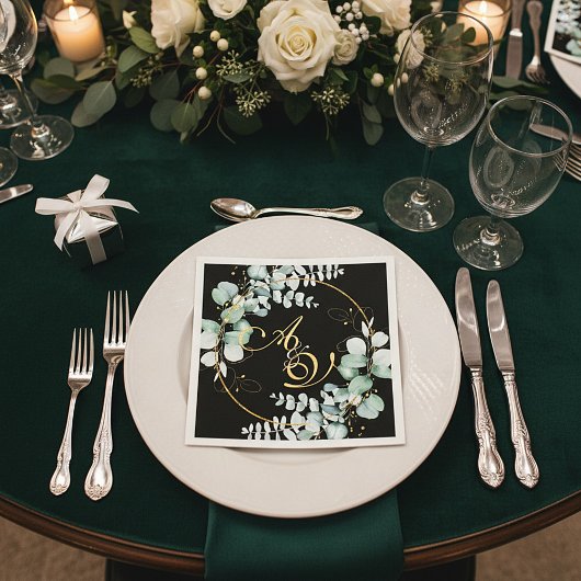 Eukalyptus und Gold auf der personalisierten Hochz Serviette