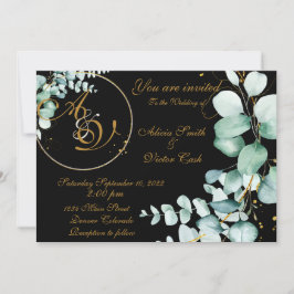 Eukalyptus und Gold auf schwarzer Einladung