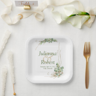 Eukalyptus- und goldene Hochzeitspapierplatten Pappteller